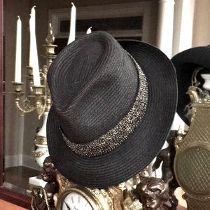 Bebe embellished black fedora hat with rhinestone accents.